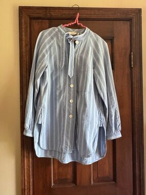 Light Blue Striped Button-Up Blouse with Neck Tie